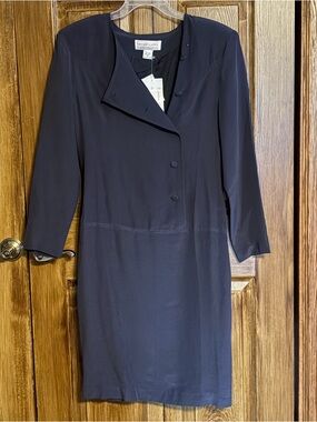 NWT Niveau Classix Dark Blue Long Sleeve Shift Dress 100% Washable SILK